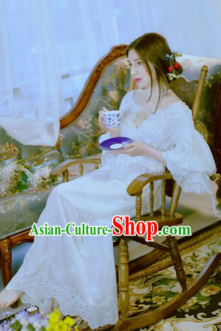 Traditional Classic Women Clothing, Traditional Classic White Silk Pajamas Heavy Lace Embroidery Evening Dress Restoring Garment Skirt Braces Skirt, Long Skirt