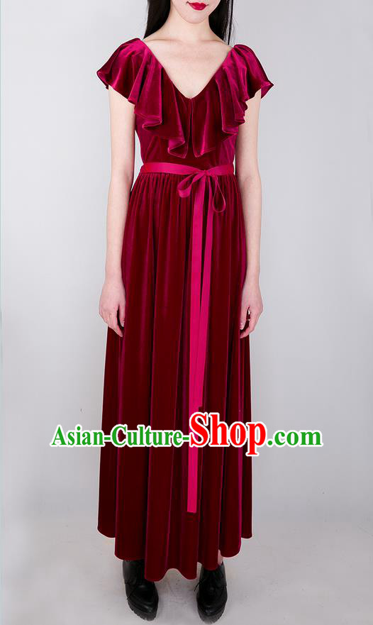 Traditional Classic Women Clothing, Traditional Goose Down Even Garment Skirt Falbala Velvet Long Red Dress for Women