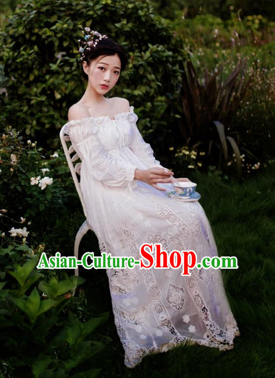 Traditional Classic Women Clothing, Traditional Classic White Cotton Pajamas Heavy Lace Embroidery Evening Dress Restoring Garment Skirt Braces Skirt