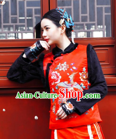 Traditional Classic Women Clothing, Traditional Classic Chinese Silk Red Satin Embroidered Rabbit Fur Vest China Vests