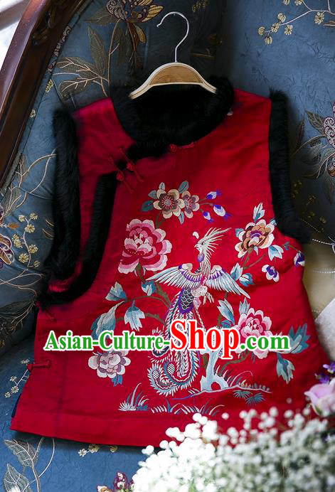 Traditional Classic Women Clothing, Traditional Classic Chinese Silk Red Satin Embroidered Rabbit Fur Vest China Vests