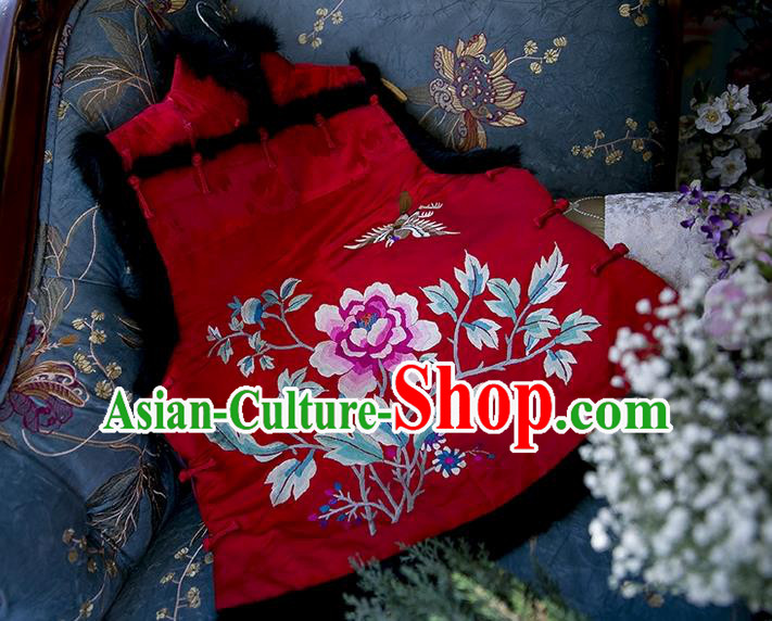 Traditional Classic Women Clothing, Traditional Classic Chinese Silk Red Satin Embroidered Rabbit Fur Vest China Vests