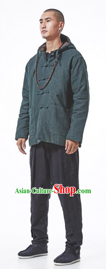 Chinese Hooded Cotton Linen Double-Breasted Tang Suit Plate Buttons Costumes, Chinese Style Ancient Thick Cotton-Padded Jacket Hanfu Male Winter Coat