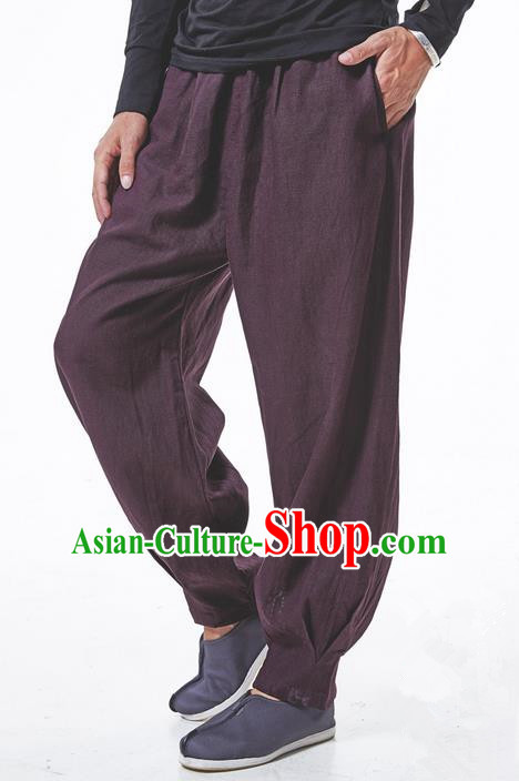 Traditional Chinese Linen Tang Suit Trousers, Chinese Ancient Costumes Elastic Practise Leg Pants Lay Pants Zen Pants