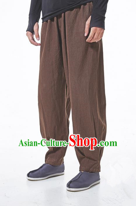 Traditional Chinese Linen Tang Suit Trousers, Chinese Ancient Costumes Elastic Practise Leg Pants Lay Pants Zen Pants