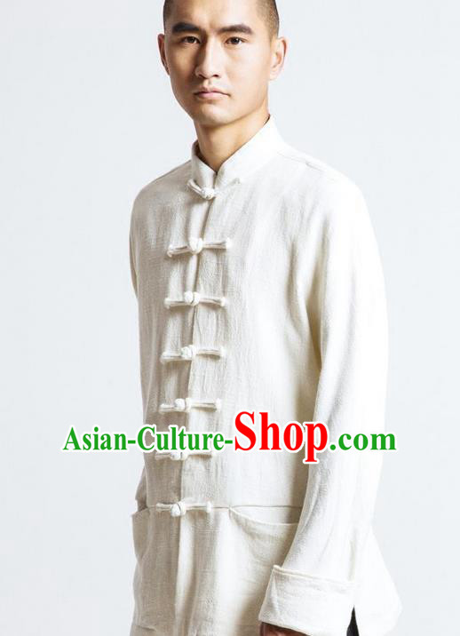 Traditional Chinese Long-Sleeved Linen Tangzhuang Overcoat, Flax Tang Suit Coat for Men