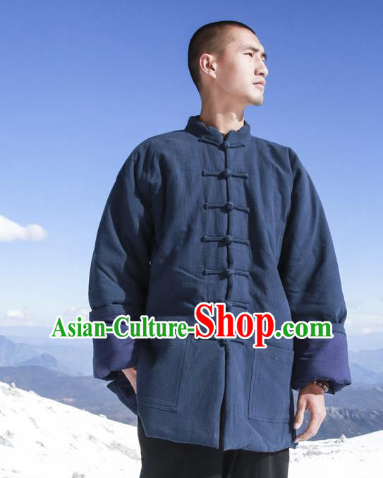 Chinese Hooded Cotton Linen Double-Breasted Tang Suit Plate Buttons Costumes, Chinese Style Ancient Thick Cotton Wadded Overcoat Hanfu Winter Coat for Men