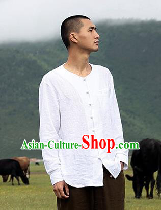 Traditional Chinese Linen Tang Suit Men Long Sleeve Shirts, Chinese Ancient Costumes Linen Dress Shirt for Men