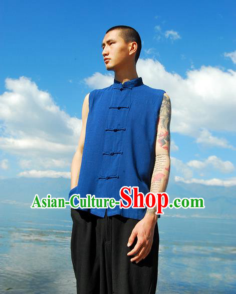 Traditional Chinese Linen Tang Suit Men Plate Buttons Vest, Chinese Ancient Costumes Linen Vests for Men