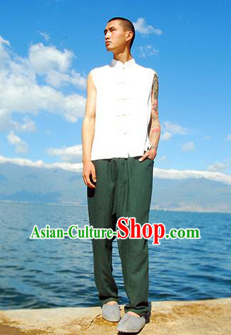 Traditional Chinese Linen Tang Suit Men Plate Buttons Vest, Chinese Ancient Costumes Linen Vests for Men