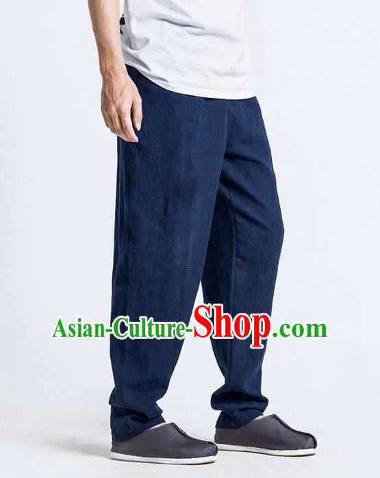 Traditional Chinese Linen Tang Suit Men Trousers, Chinese Ancient Costumes Cotton Pants, Nepal Flax Feet Low Crotch Large Crotch Pants for Men