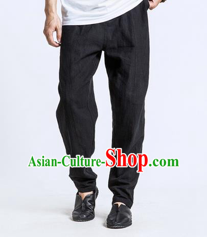 Traditional Chinese Linen Tang Suit Men Trousers, Chinese Ancient Costumes Cotton Pants, Nepal Flax Feet Low Crotch Large Crotch Pants for Men