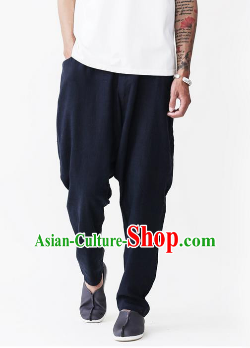 Traditional Chinese Linen Tang Suit Men Trousers, Chinese Ancient Costumes Cotton Pants, Nepal Flax Feet Low Crotch Large Crotch Pants for Men