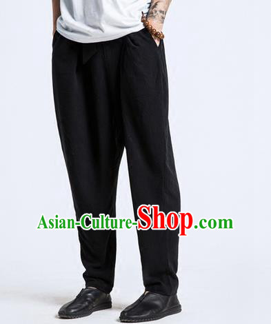 Traditional Chinese Linen Tang Suit Men Trousers, Chinese Ancient Costumes Cotton Pants, Silk Cotton Feet Ruffle Pants for Men