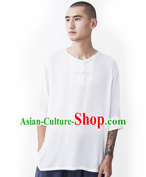 Traditional Chinese Linen Tang Suit Men Costumes, Chinese Ancient Round Neck Silk Floss Short Sleeved T-Shirt Plate Buttons Costume for Men