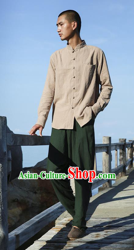 Traditional Chinese Linen Tang Suit Men Costumes, Chinese Ancient Tunic Suit Long Sleeved Shirt Plate Buttons Shirt for Men