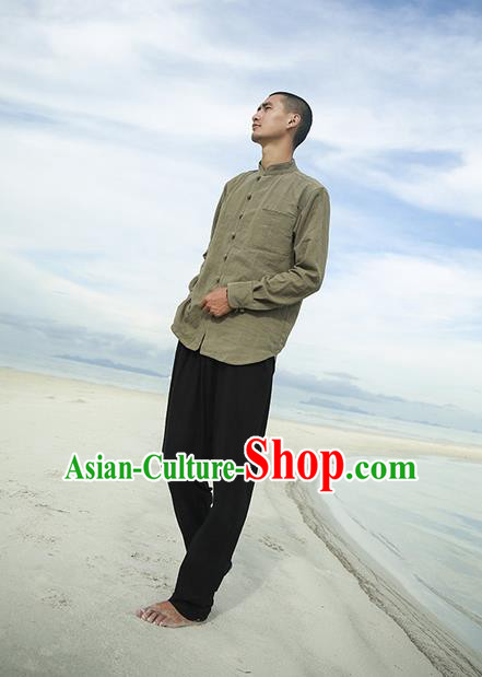 Traditional Chinese Linen Tang Suit Men Costumes, Chinese Ancient Tunic Suit Long Sleeved Shirt Plate Buttons Shirt for Men