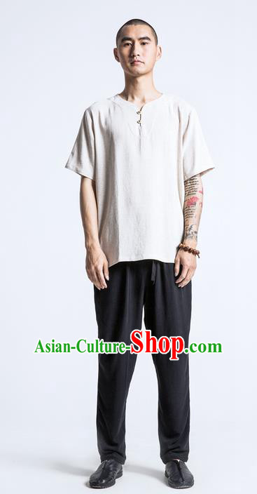 Traditional Chinese Linen Tang Suit Men Costumes, Chinese Ancient Silk Floss Short Sleeved T-Shirt Brass Buttons Costume for Men