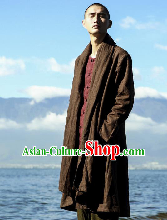 Traditional Chinese Linen Tang Suit Men Costumes Dust Coat, Chinese Ancient Linen Double Collar Men Hanfu, Linen Long Coat for Men