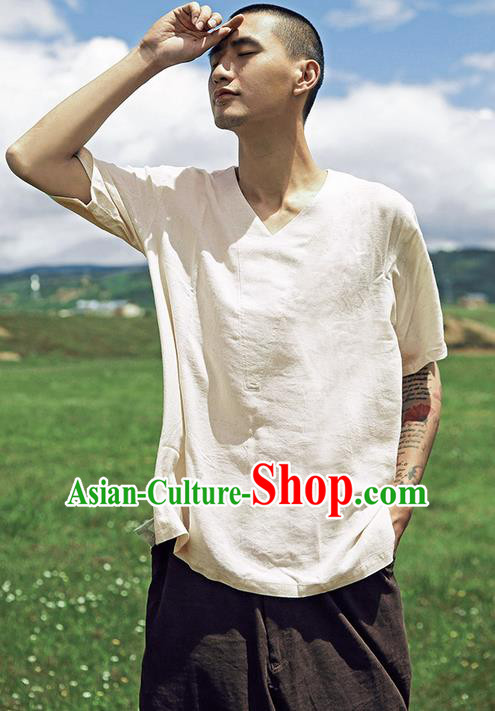 Traditional Chinese Linen Tang Suit Men Costumes, Chinese Ancient Silk Floss Short Sleeved T-Shirt Costume for Men