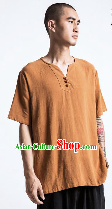 Traditional Chinese Linen Tang Suit Men Costumes, Chinese Ancient Silk Floss Short Sleeved T-Shirt Coconut Buttons Costume for Men