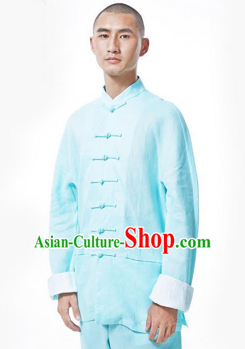 Traditional Chinese Linen Tang Suit Men Costumes, Hanfu Men Blouse, Chinese Ancient Front Opening Brass Buttons Long Sleeved Shirt Costume for Men