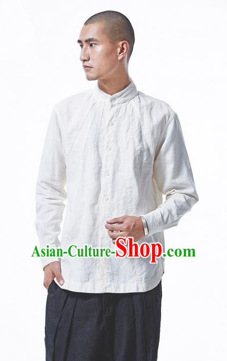 Traditional Chinese Linen Tang Suit Men Costumes Blouse, Chinese Ancient Tunic Suit Long Sleeved Shirt for Men