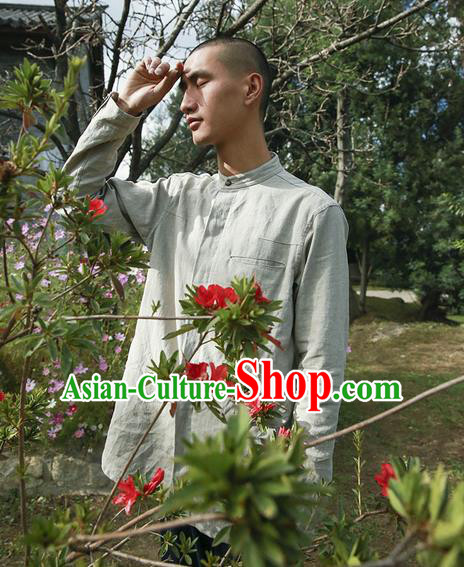 Traditional Chinese Linen Tang Suit Men Costumes Blouse, Chinese Ancient Tunic Suit Long Sleeved Shirt for Men