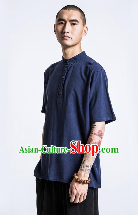 Traditional Chinese Linen Tang Suit Men Costumes, Chinese Ancient Coconut Buttons Short Sleeved T-Shirt Costume for Men