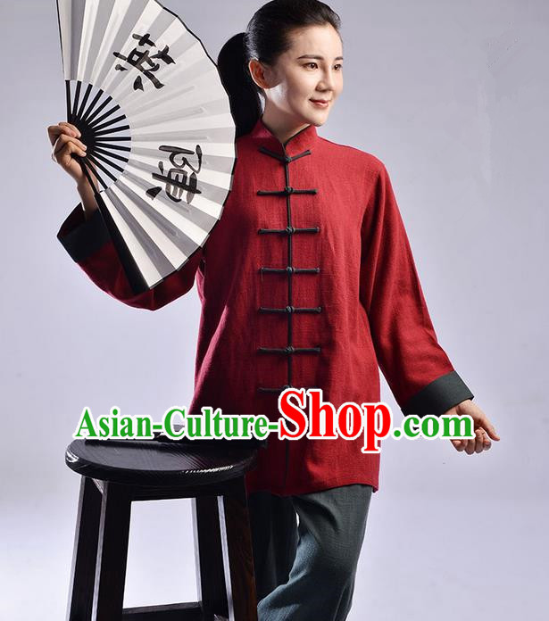 Traditional Chinese Top Thicken Linen Kung Fu Costume Martial Arts Kung Fu Training Uniform Tang Suit Gongfu Shaolin Wushu Clothing Tai Chi Taiji Teacher Suits Uniforms for Women