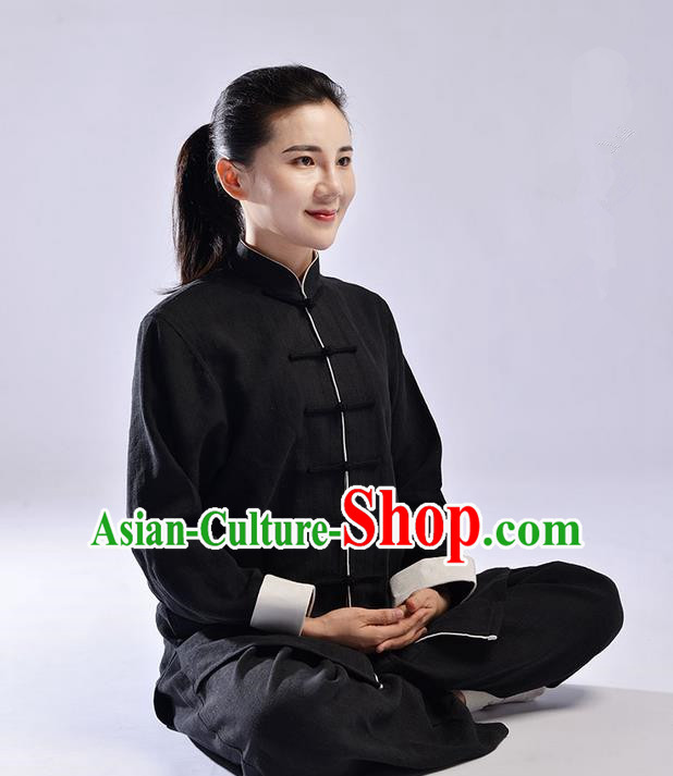 Traditional Chinese Top Thicken Linen Kung Fu Costume Martial Arts Kung Fu Training Uniform Tang Suit Gongfu Shaolin Wushu Clothing Tai Chi Taiji Teacher Suits Uniforms for Women