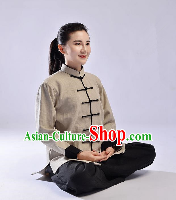 Traditional Chinese Top Thicken Linen Kung Fu Costume Martial Arts Kung Fu Training Uniform Tang Suit Gongfu Shaolin Wushu Clothing Tai Chi Taiji Teacher Suits Uniforms for Women