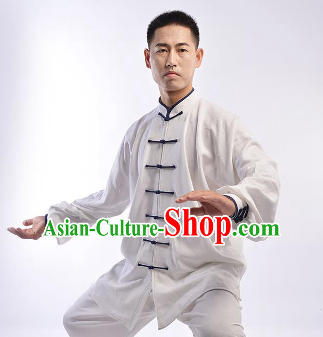 Top Chinese Traditional Natural Linen Kung Fu Costume Martial Arts Kung Fu Training Uniform Gongfu Shaolin Wushu Clothing Tai Chi Taiji Teacher Suits Uniforms for Men