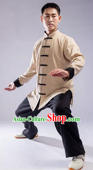 Traditional Chinese Top Cross Elastic Linen Kung Fu Costume Martial Arts Kung Fu Training Uniform Gongfu Shaolin Wushu Clothing Tai Chi Taiji Teacher Suits Uniforms for Men