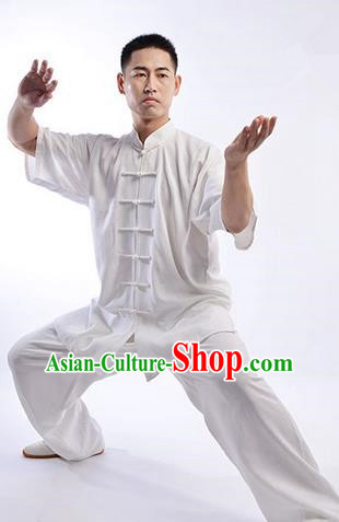 Traditional Chinese Top Linen Short Sleeve Kung Fu Costume Martial Arts Kung Fu Training Uniform Gongfu Shaolin Wushu Clothing Tai Chi Taiji Teacher Suits Uniforms for Men