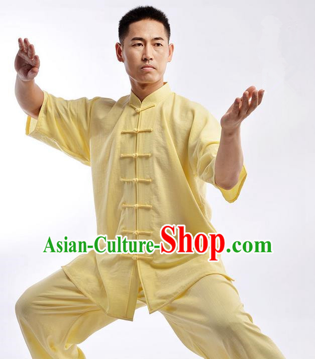 Traditional Chinese Top Linen Short Sleeve Kung Fu Costume Martial Arts Kung Fu Training Uniform Tang Suit Gongfu Shaolin Wushu Clothing Tai Chi Taiji Teacher Suits Uniforms for Men