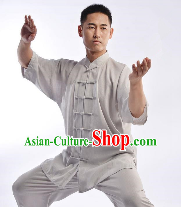 Traditional Chinese Top Linen Short Sleeve Kung Fu Costume Martial Arts Kung Fu Training Uniform Tang Suit Gongfu Shaolin Wushu Clothing Tai Chi Taiji Teacher Suits Uniforms for Men