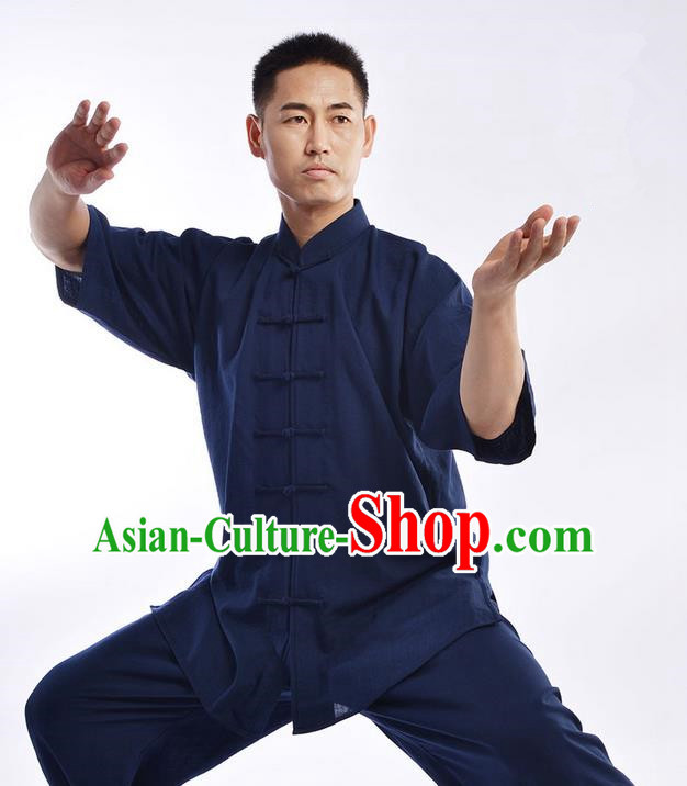 Traditional Chinese Top Linen Short Sleeve Kung Fu Costume Martial Arts Kung Fu Training Uniform Tang Suit Gongfu Shaolin Wushu Clothing Tai Chi Taiji Teacher Suits Uniforms for Men