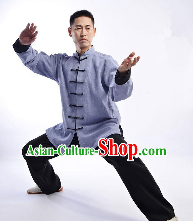 Traditional Chinese Top Thicken Linen Kung Fu Costume Martial Arts Kung Fu Training Uniform Tang Suit Gongfu Shaolin Wushu Clothing Tai Chi Taiji Teacher Suits Uniforms for Men