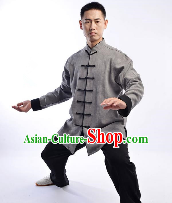 Traditional Chinese Top Thicken Linen Kung Fu Costume Martial Arts Kung Fu Training Uniform Tang Suit Gongfu Shaolin Wushu Clothing Tai Chi Taiji Teacher Suits Uniforms for Men