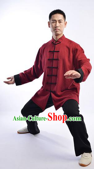 Traditional Chinese Top Thicken Linen Kung Fu Costume Martial Arts Kung Fu Training Uniform Tang Suit Gongfu Shaolin Wushu Clothing Tai Chi Taiji Teacher Suits Uniforms for Men