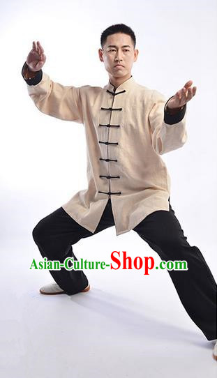 Traditional Chinese Top Thicken Linen Kung Fu Costume Martial Arts Kung Fu Training Uniform Tang Suit Gongfu Shaolin Wushu Clothing Tai Chi Taiji Teacher Suits Uniforms for Men