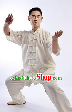 Traditional Chinese Top Linen Short Sleeve Kung Fu Costume Martial Arts Kung Fu Training Uniform Gongfu Shaolin Wushu Clothing Tai Chi Taiji Teacher Suits Uniforms for Men