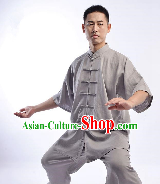 Traditional Chinese Top Linen Short Sleeve Kung Fu Costume Martial Arts Kung Fu Training Uniform Gongfu Shaolin Wushu Clothing Tai Chi Taiji Teacher Suits Uniforms for Men