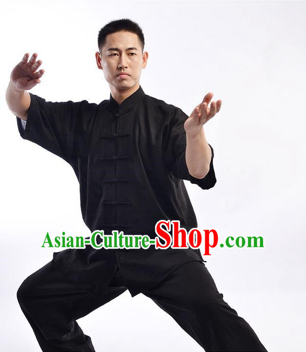 Traditional Chinese Top Linen Short Sleeve Kung Fu Costume Martial Arts Kung Fu Training Uniform Gongfu Shaolin Wushu Clothing Tai Chi Taiji Teacher Suits Uniforms for Men