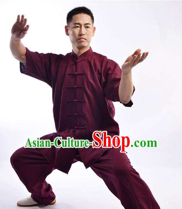 Traditional Chinese Top Linen Short Sleeve Kung Fu Costume Martial Arts Kung Fu Training Uniform Gongfu Shaolin Wushu Clothing Tai Chi Taiji Teacher Suits Uniforms for Men