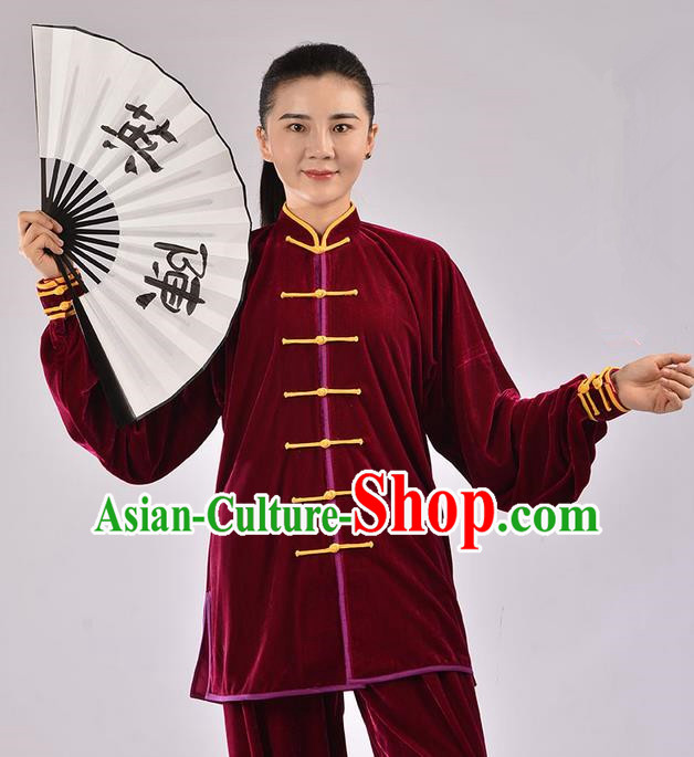 Traditional Chinese Thicken Pleuche Kung Fu Costume Martial Arts Kung Fu Training Uniform Tang Suit Gongfu Shaolin Wushu Clothing Tai Chi Taiji Teacher Suits Uniforms for Women