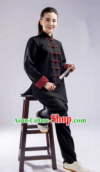 Traditional Chinese Thickening Cotton Linen Kung Fu Costume with Velvet Martial Arts Kung Fu Training Uniform Tang Suit Gongfu Shaolin Wushu Clothing Tai Chi Taiji Teacher Suits Uniforms for Women