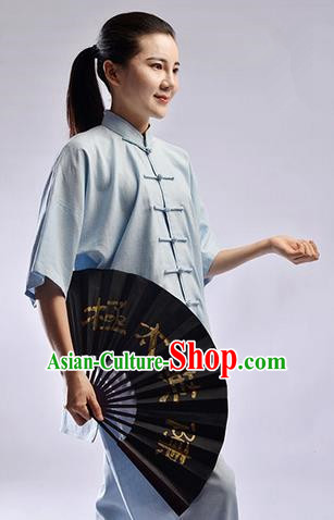 Traditional Chinese Linen Kung Fu Short Sleeve Costume Martial Arts Kung Fu Training Uniform Tang Suit Gongfu Shaolin Wushu Clothing Tai Chi Taiji Teacher Suits Uniforms for Women