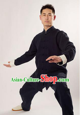 Traditional Chinese Thicken Linen Kung Fu Costume Martial Arts Kung Fu Training Uniform Tang Suit Gongfu Shaolin Wushu Clothing Tai Chi Taiji Teacher Suits Uniforms for Men